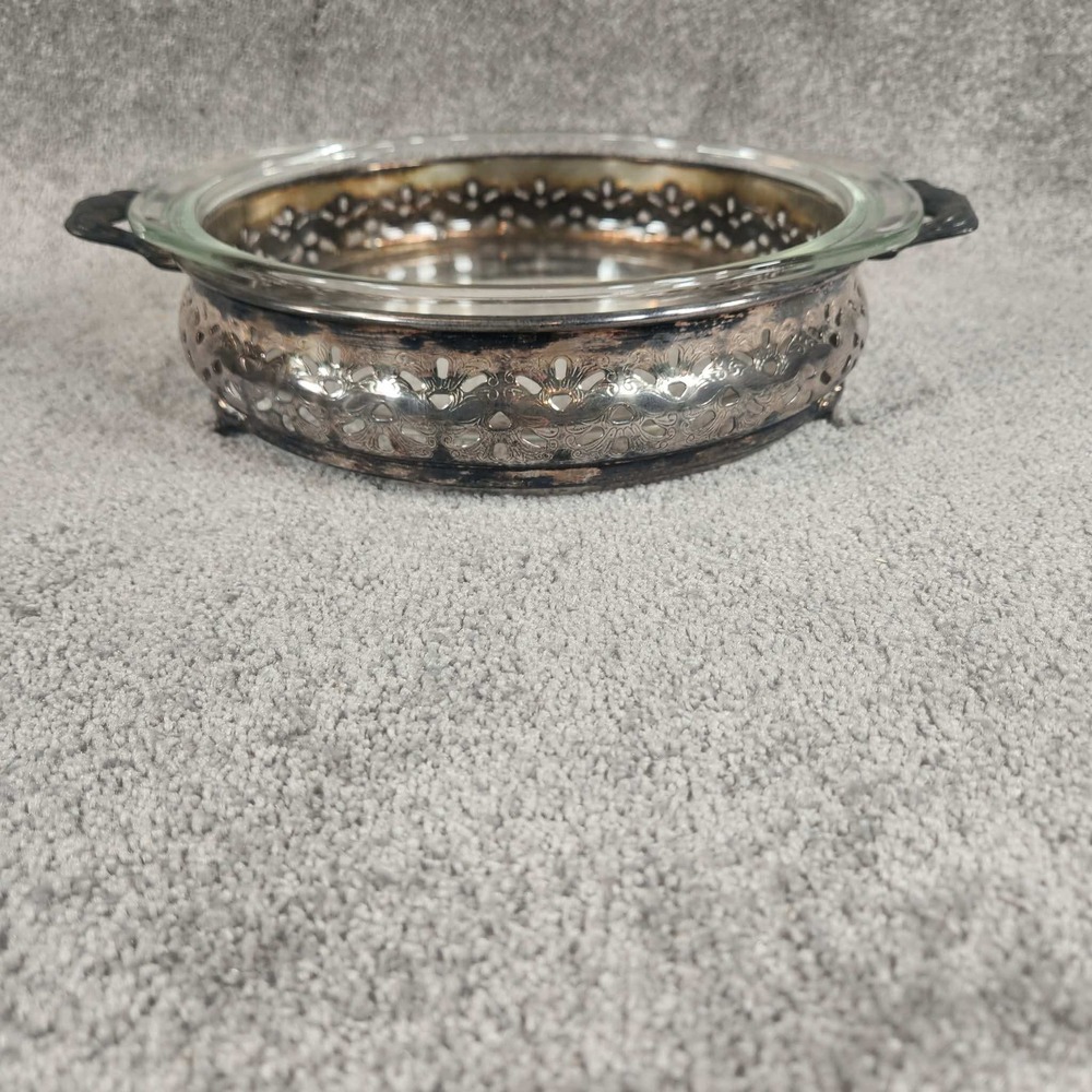 Vintage Silver Plate Pierced Pyrex Casserole Dish Holder with Glass Insert